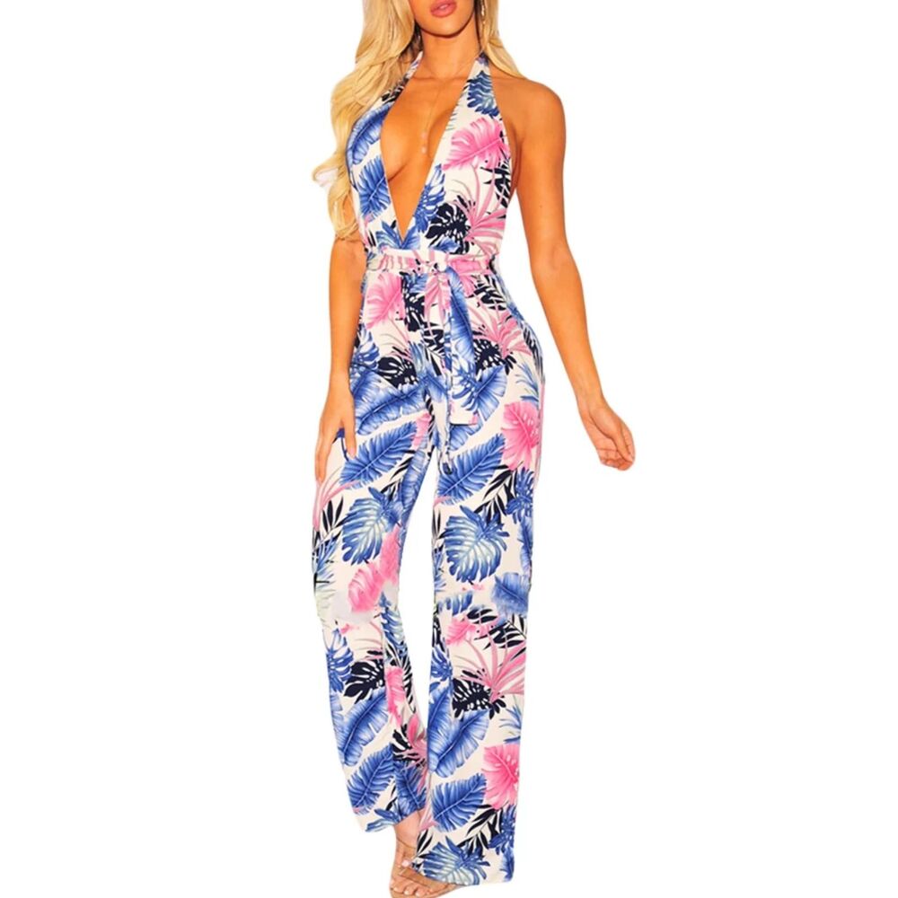 WOW Couture Tropical Floral Halter Wide Leg Jumpsuit - Peacock Coral MEDIUM